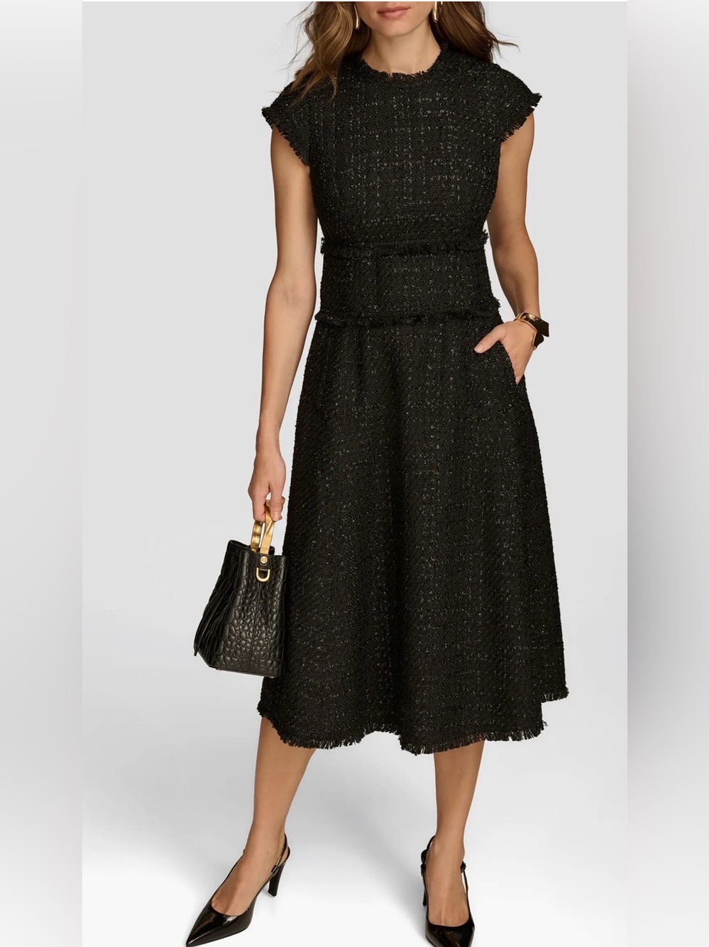 Donna Karan New York Metallic Tweed Midi Dress Sz 14